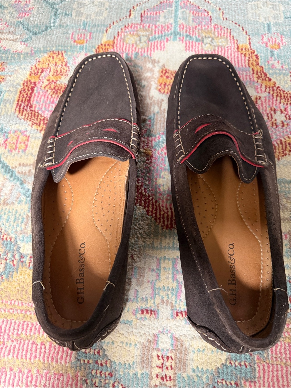 Size 9 1/2 M - G.H. Bass & Co. Dark Brown Suede Slip-On Loafers with Red Accent